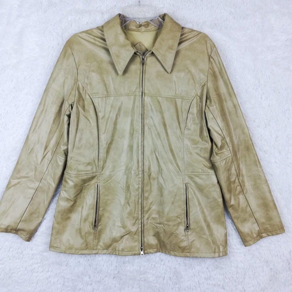 Me Jane‎ Womens Jacket Faux Leather Light Tan Lined Full Zip Pockets L